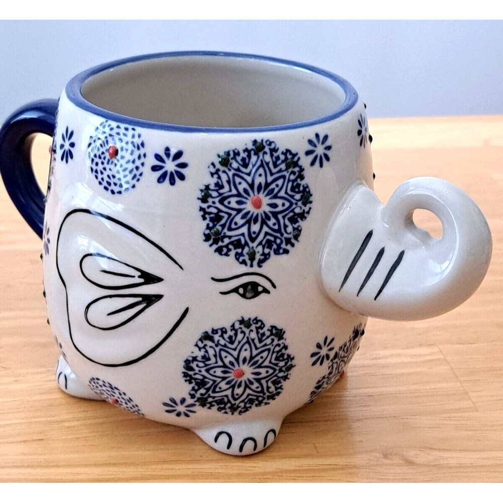 Earthbound Trading Company Elephant Figural Mug Cup Blue White Red Trunk Up